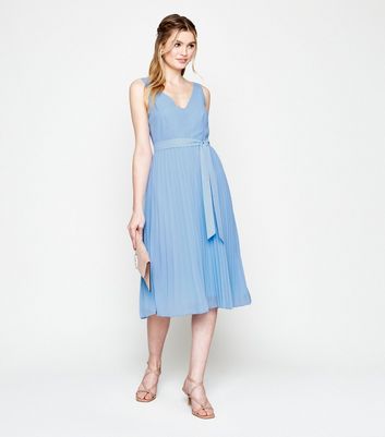 Pale Blue Belted V Neck Pleated Midi ...